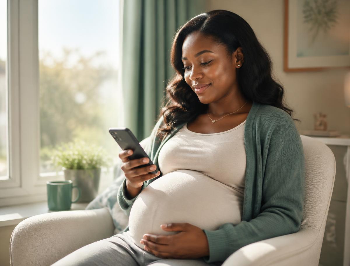 Pregnant Black mother using the momcradl app for a daily wellness check-in