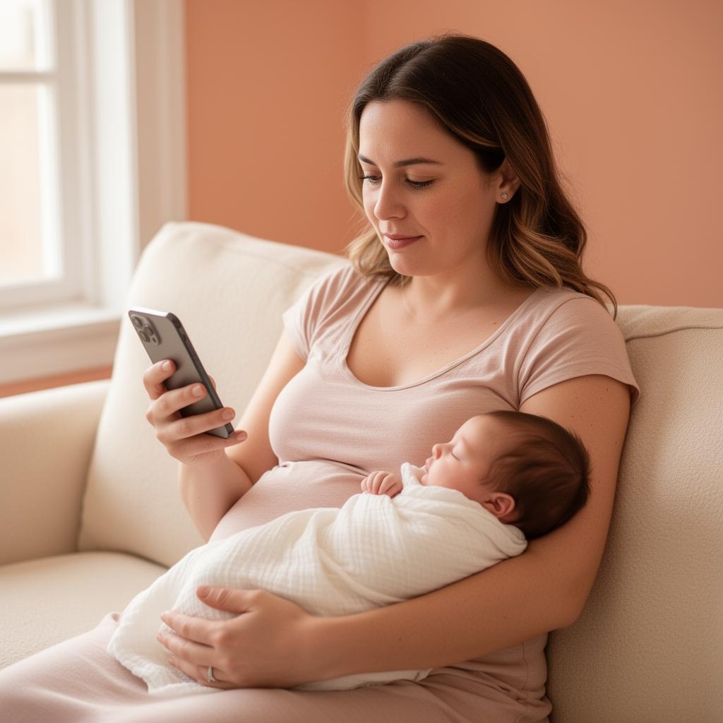 Postpartum mother holding her newborn while checking in on the MomCradl app