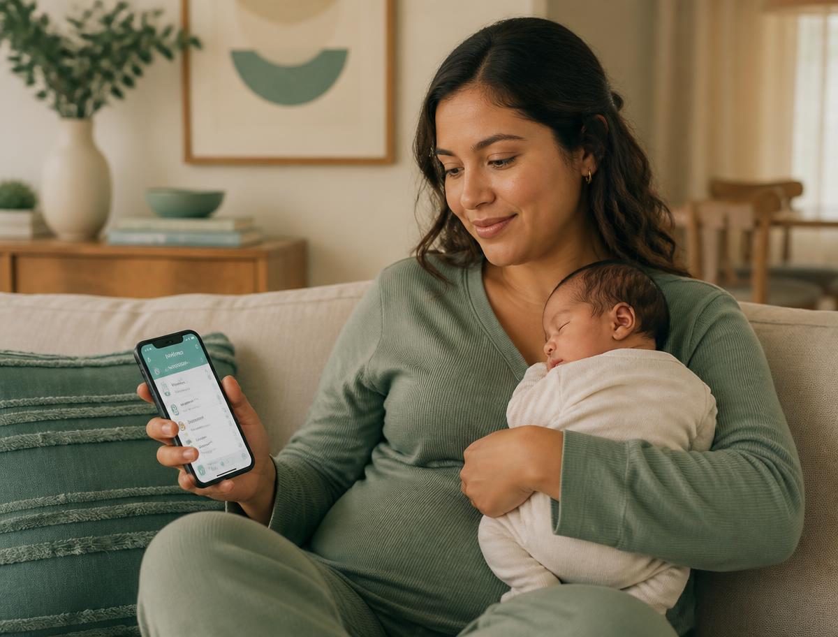 Latina mother holding her newborn while checking in on the momcradl app